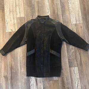 Vintage Bermans Black Leather and Suede Patchwork Trench Coat